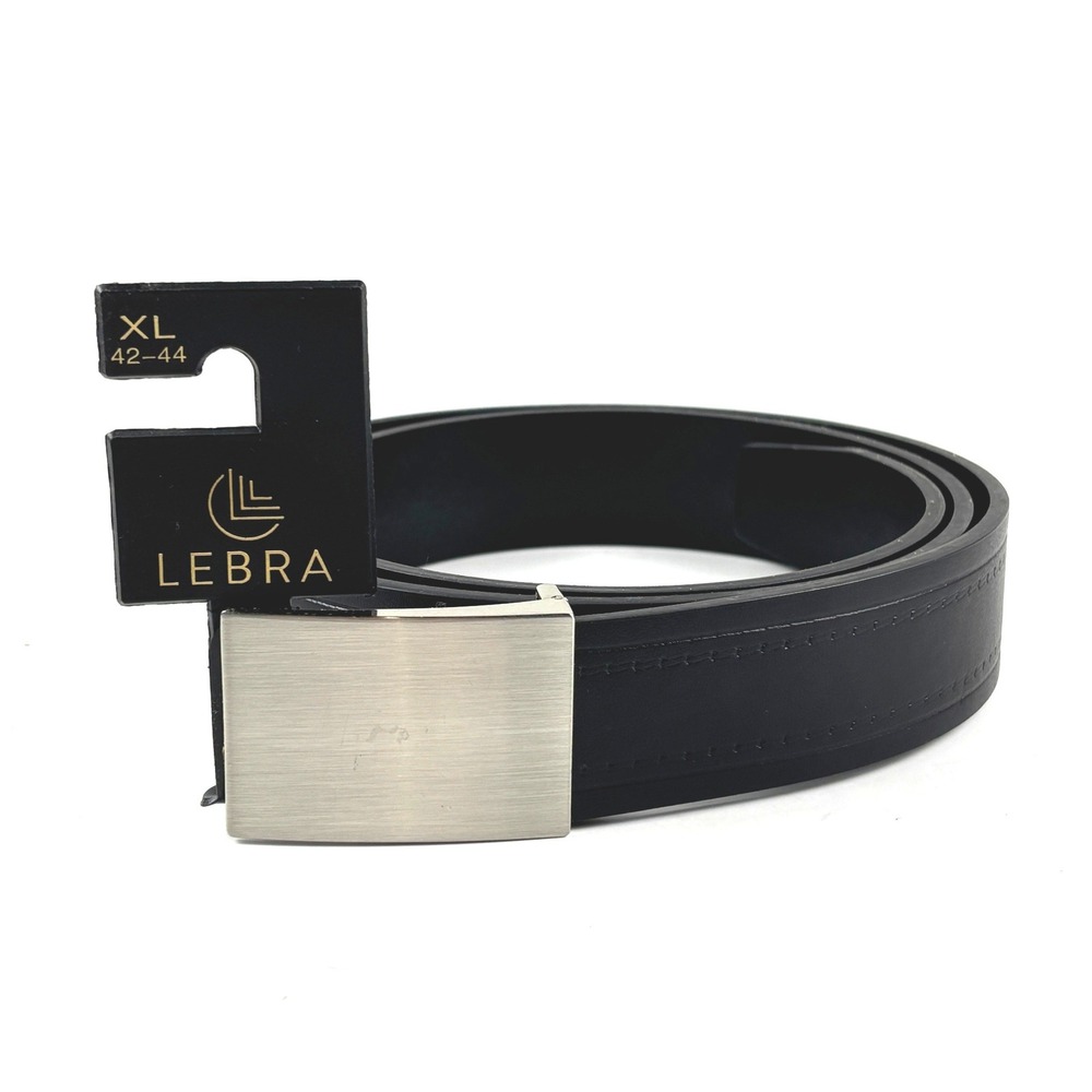 New Lebra Leather Plaque Belt Mens XL 42-44‎ Black Silver Buckle Double Stitched